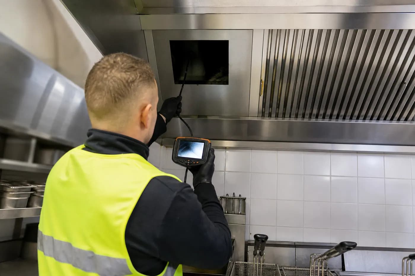 Technicus inspecteert een ventilatiekanaal in een horecakeuken