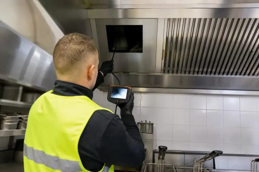 Inspecteur onderzoekt een keukenafzuigkap met meetapparatuur